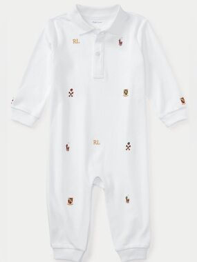 Ralph Lauren White Polo-Style Embroidered Baby One-Piece